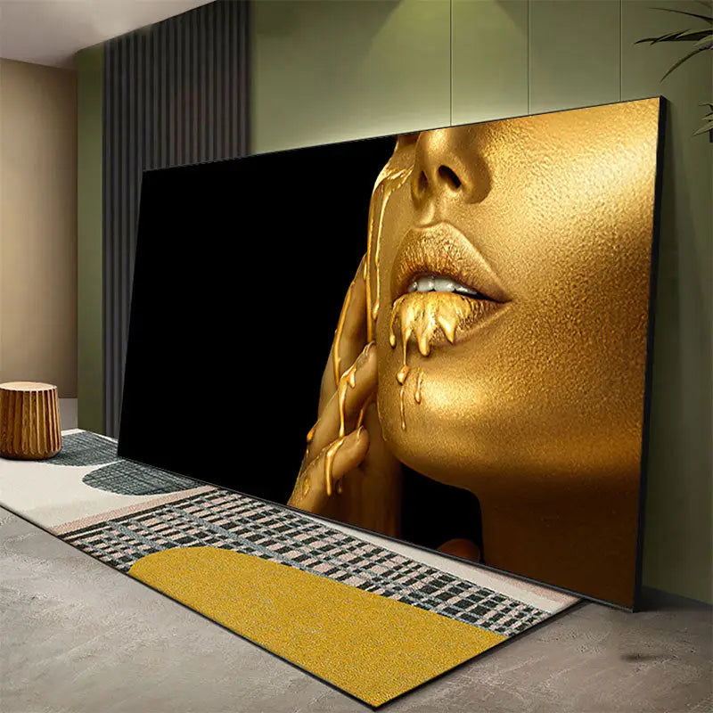 A sleek flat-screen television displaying a golden lips oil painting of black women by decorbites™ against black background