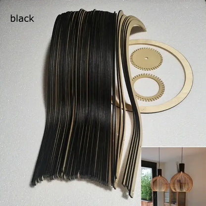 Decorbites black wood cage chandelier featuring laser-cut black and natural wood strips for modern pendant lamps
