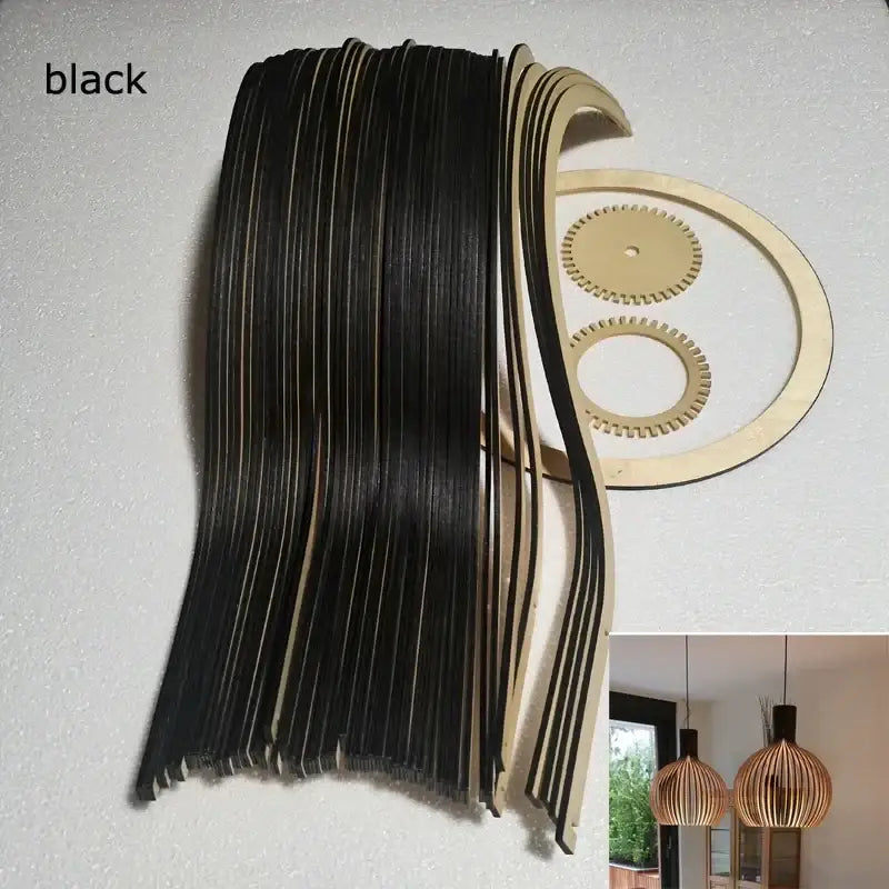Decorbites black wood cage chandelier featuring laser-cut black and natural wood strips for modern pendant lamps
