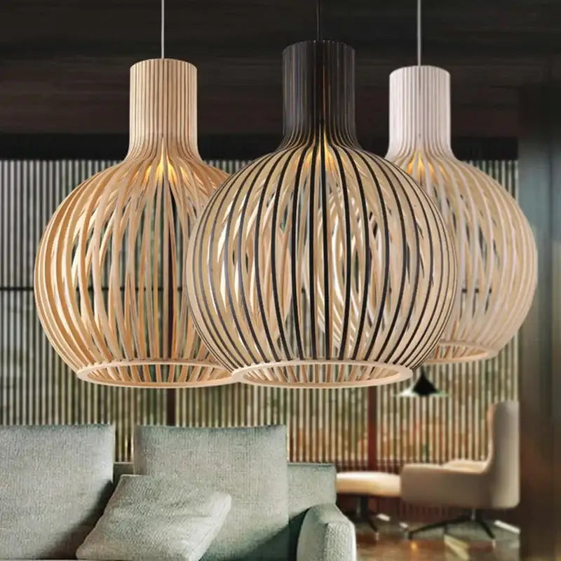 Three modern pendant lights with woven natural wood slats in decorbites black wood cage chandelier for living rooms