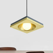 DecorBites™ pendant light with brushed brass square frame, matte black accents, and warm bulb base for bedrooms