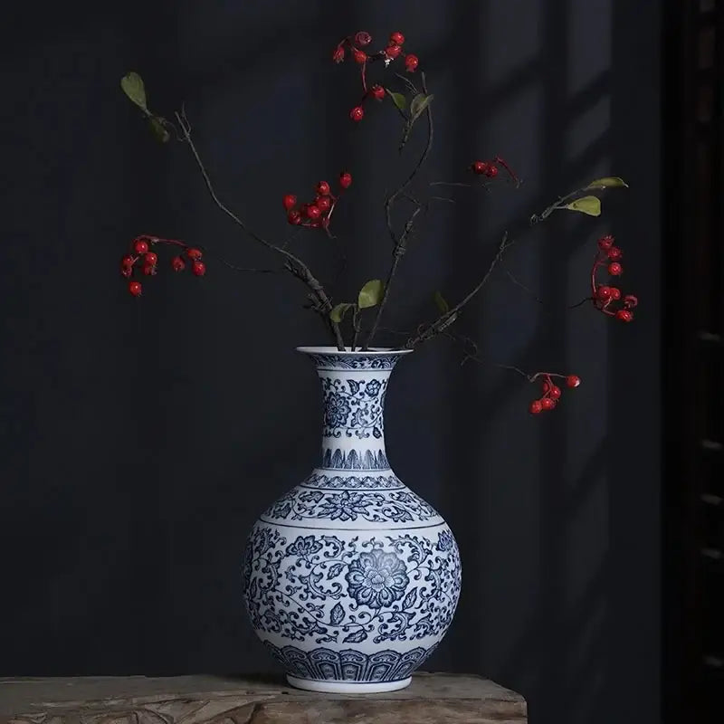 DecorBites™ blue and white ceramic vase with intricate floral patterns for elegant home decor