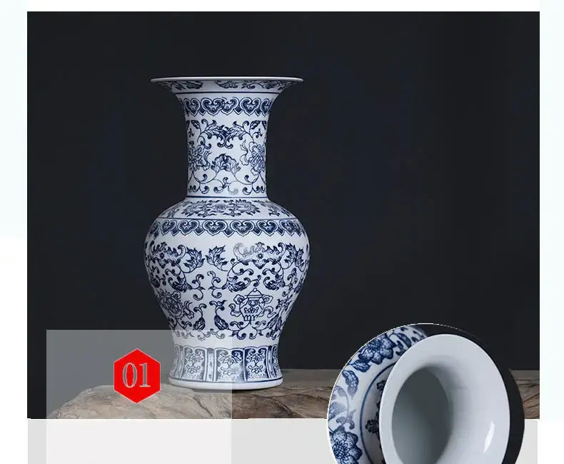 DecorBites™ blue and white ceramic vase with intricate floral patterns for elegant home decor and centerpiece display