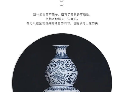 Decorbites™ blue and white ceramic vase gourd-shaped with intricate floral patterns for elegant home decor