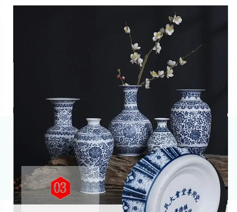 Set of five blue and white ceramic vases by DecorBites with intricate floral patterns for elegant home decor