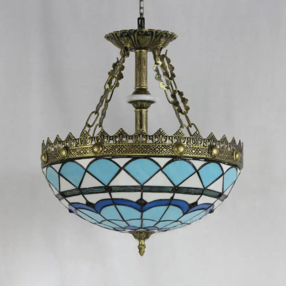 DecorBites blue baroque bowl stained glass pendant light with antique brass finish and blue white geometric shade for libraries