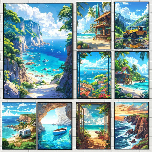 ’Blue Beach Cabin Forest Canvas Wall Art’ - Posters