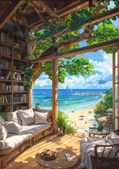 ’Blue Beach Cabin Forest Canvas Wall Art’ - P15 / 40x60cm No Frame - Posters