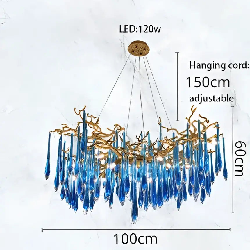 Decorbites blue crystal chandelier with blue glass and gold-toned metal branches for dining room lighting