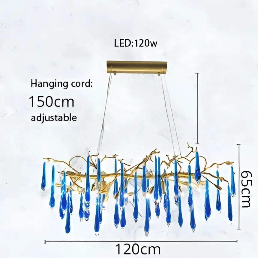 Decorbites blue crystal chandelier featuring blue glass teardrops with a gold-toned metal frame and hanging cord