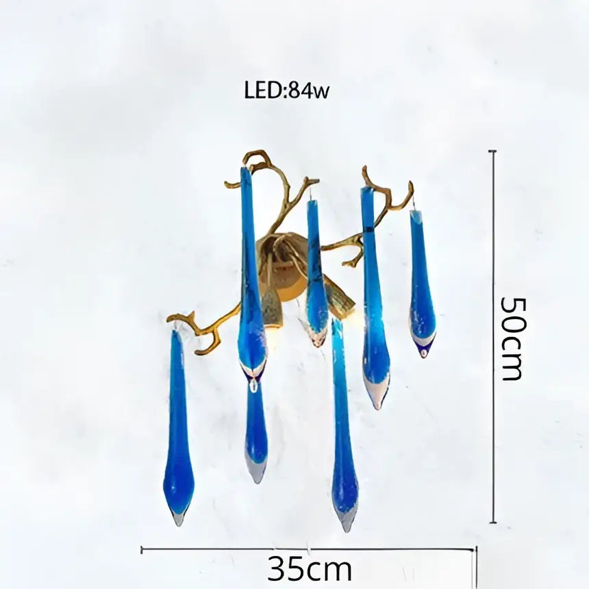 Decorbites blue crystal teardrop pendant wall sconce with gold branching arms for elegant dining room lighting