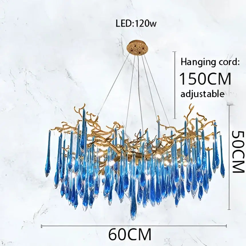 Decorbites blue crystal blue glass chandelier with gold branching arms and 120w led light for dining room use