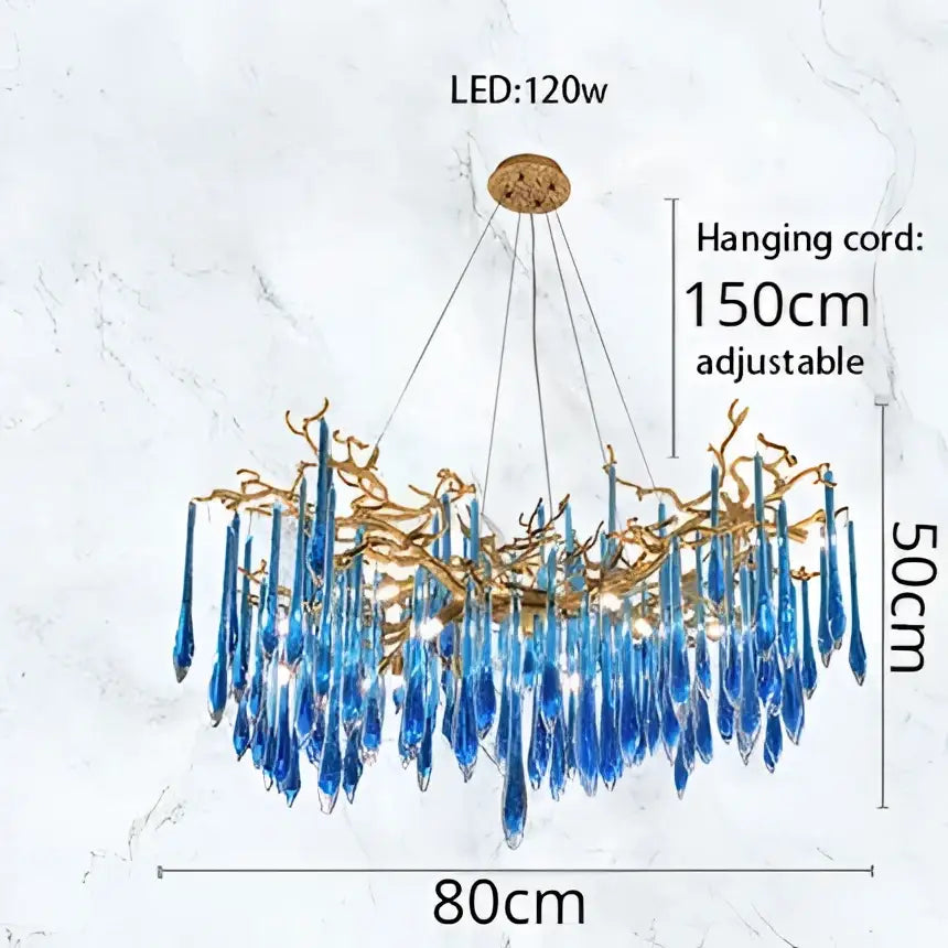 Decorbites blue crystal chandelier with blue glass and gold-toned metal branches for dining room lighting
