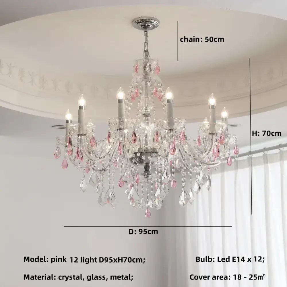 Decorbites blue crystal chandelier with delicate pink and clear crystals chrome finish and 12 led lights multi-tiered design