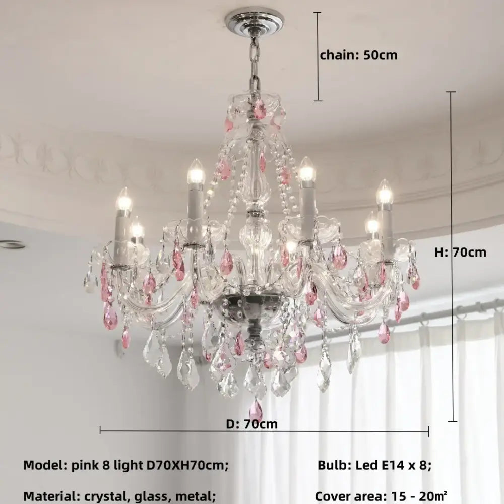 Decorbites blue crystal chandelier with eight pink and clear glass led lights metal frame for living room lighting