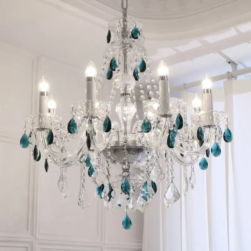 Elegant decorbites blue crystal chandelier with teal teardrop accents and clear glass droplets for living room lighting