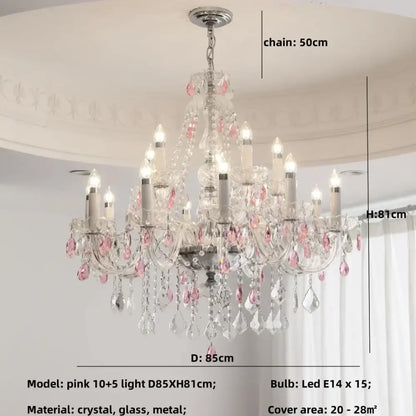 A decorbites blue crystal chandelier with pink and clear crystals and silver frame for living room pendant lighting