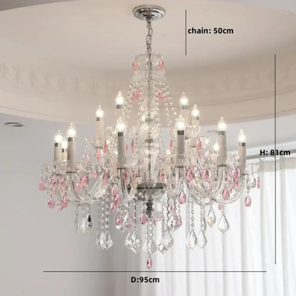 Elegant decorbites blue crystal chandelier with clear and pink crystals on a silver frame for living room lighting