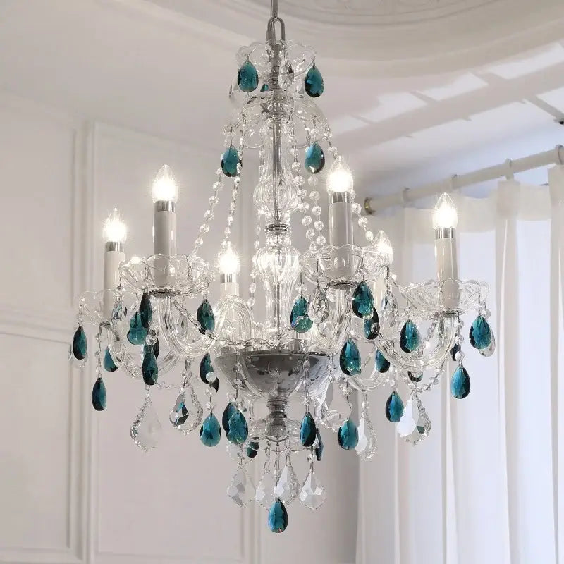 Elegant decorbites blue crystal chandelier with teal teardrop pendants and clear beads for living room lighting