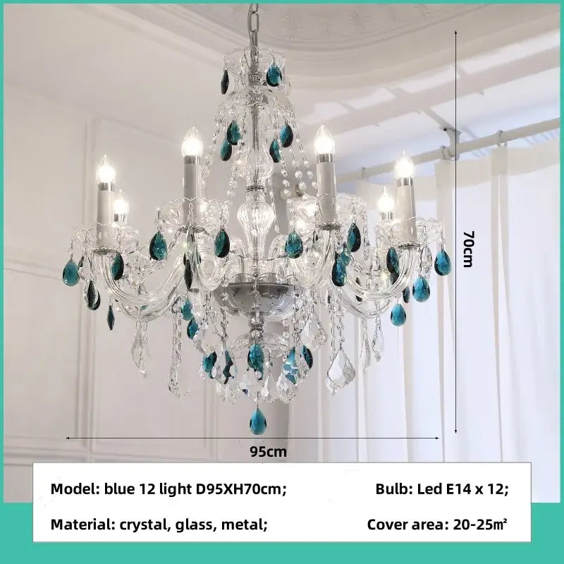 Elegant decorbites blue crystal chandelier with teal and clear glass teardrop accents and metallic frame for living room