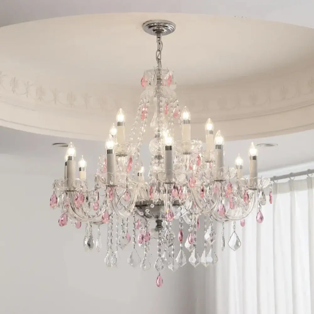 A decorbites blue crystal chandelier with pink and clear teardrop accents and polished chrome finish for living rooms