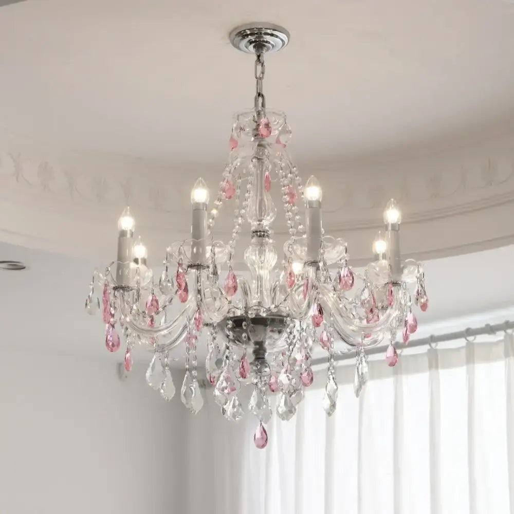 Elegant decorbites blue crystal chandelier with clear and pink teardrop crystals and chrome-finished arms for living rooms