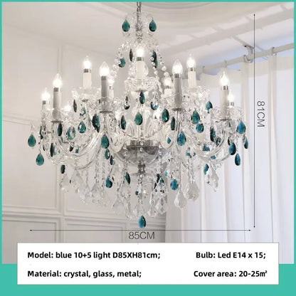 An elegant decorbites blue crystal chandelier with teal teardrop accents and clear glass droplets for living rooms