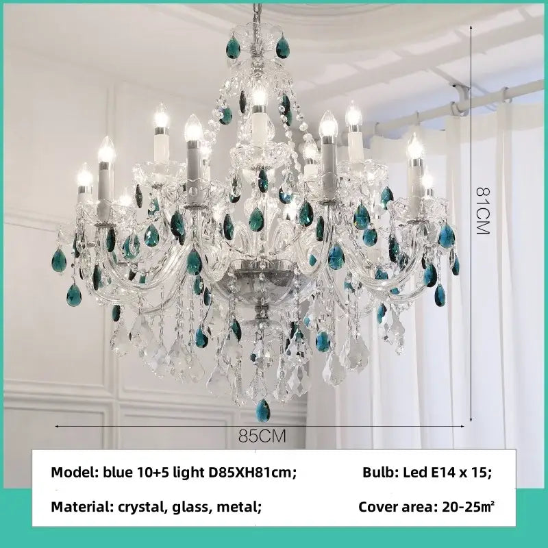 An elegant decorbites blue crystal chandelier with teal teardrop accents and clear glass droplets for living rooms