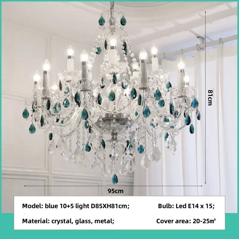 An elegant decorbites blue crystal chandelier with teal teardrop accents and clear glass droplets on a silver frame