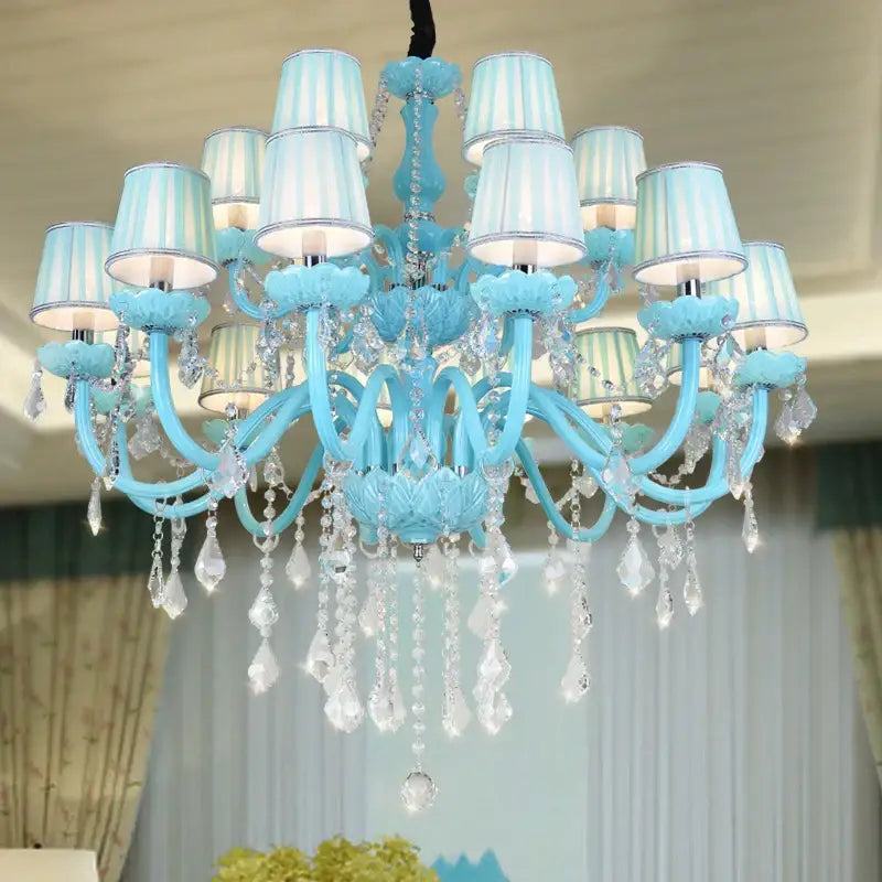 Decorbites blue crystal lamp candle chandelier with light blue finish, crystal droplets, and striped lampshades for living room