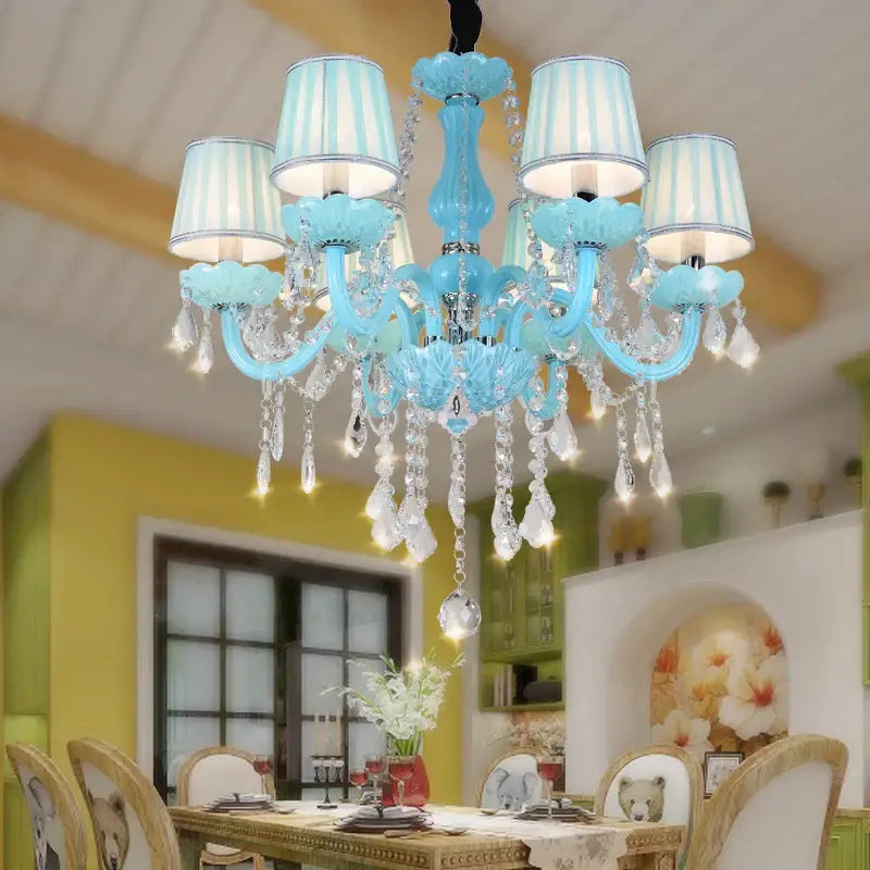 Decorbites blue crystal lamp candle chandelier in light blue glass with crystal droplets and striped lampshades for living room