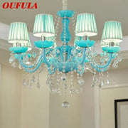 Turquoise decorbites blue crystal lamp candle chandelier with crystal droplets and striped lampshades for living room