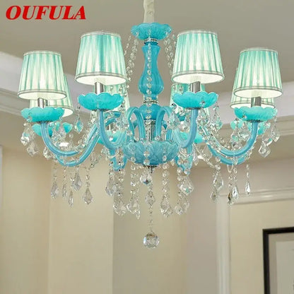 Turquoise decorbites blue crystal lamp candle chandelier with crystal droplets and striped lampshades for living room