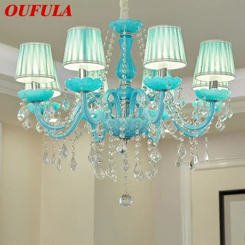 Turquoise decorbites blue crystal lamp candle chandelier with crystal droplets and striped lampshades for living room