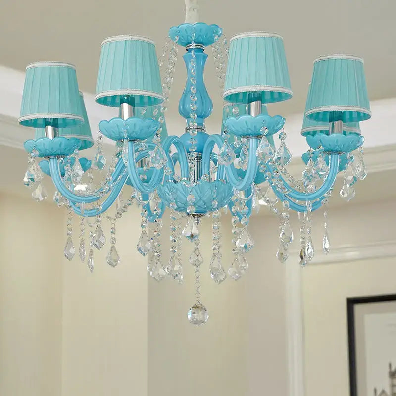 Decorbites blue crystal turquoise lamp candle chandelier with five lampshades and clear glass ornaments for living room