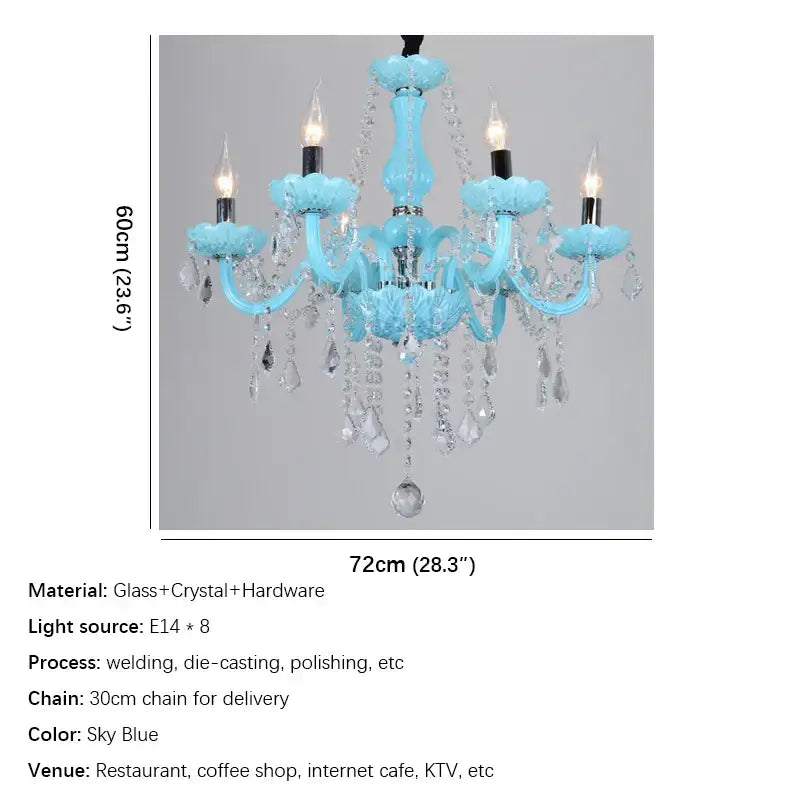 Decorbites blue crystal lamp candle chandelier with sky blue glass and crystal droplets for living room decor