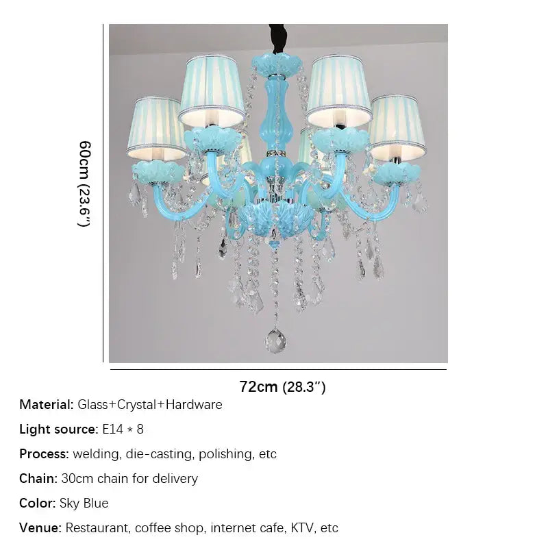 Decorbites blue crystal lamp candle chandelier with sky blue glass and striped lampshades for living room decor