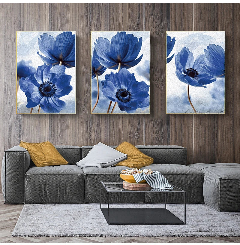 Blue Flowers Print for Living Room Decor - Posters