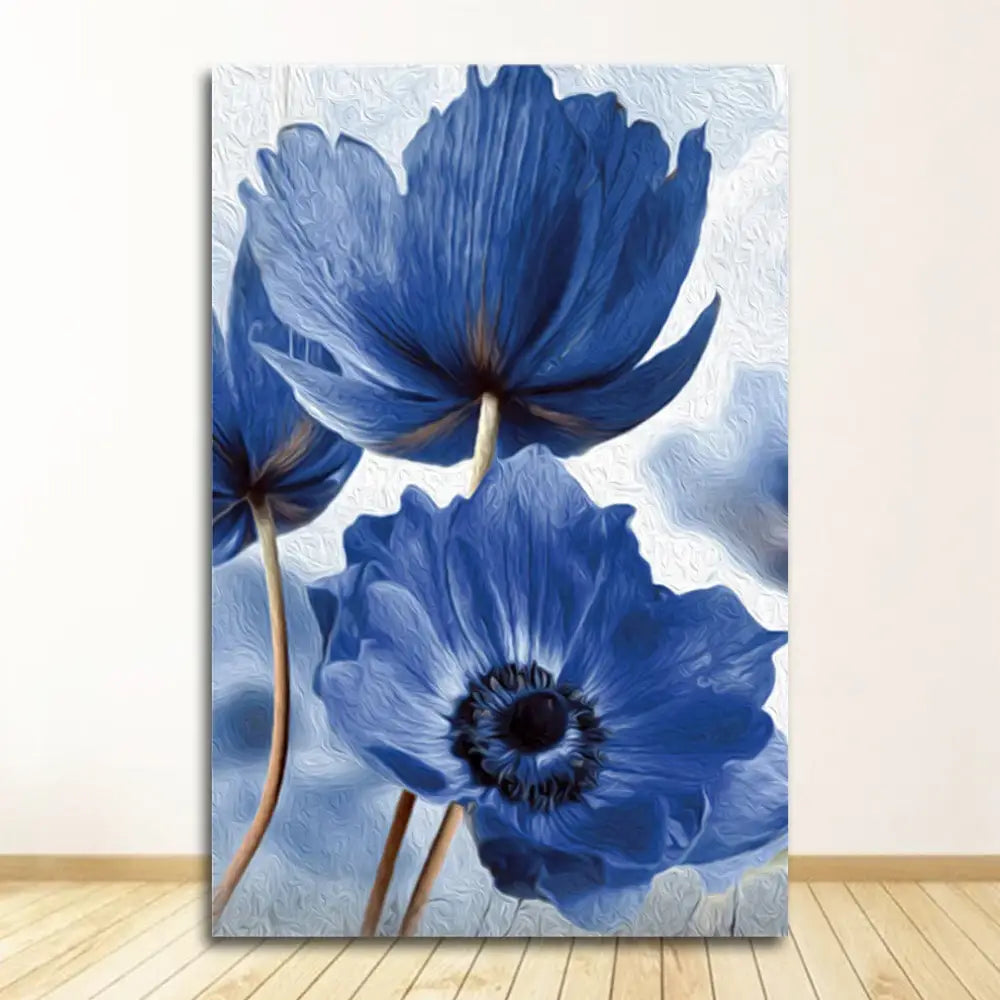 Decorbites blue flowers print featuring a textured blue anemone floral canvas painting for living room decor