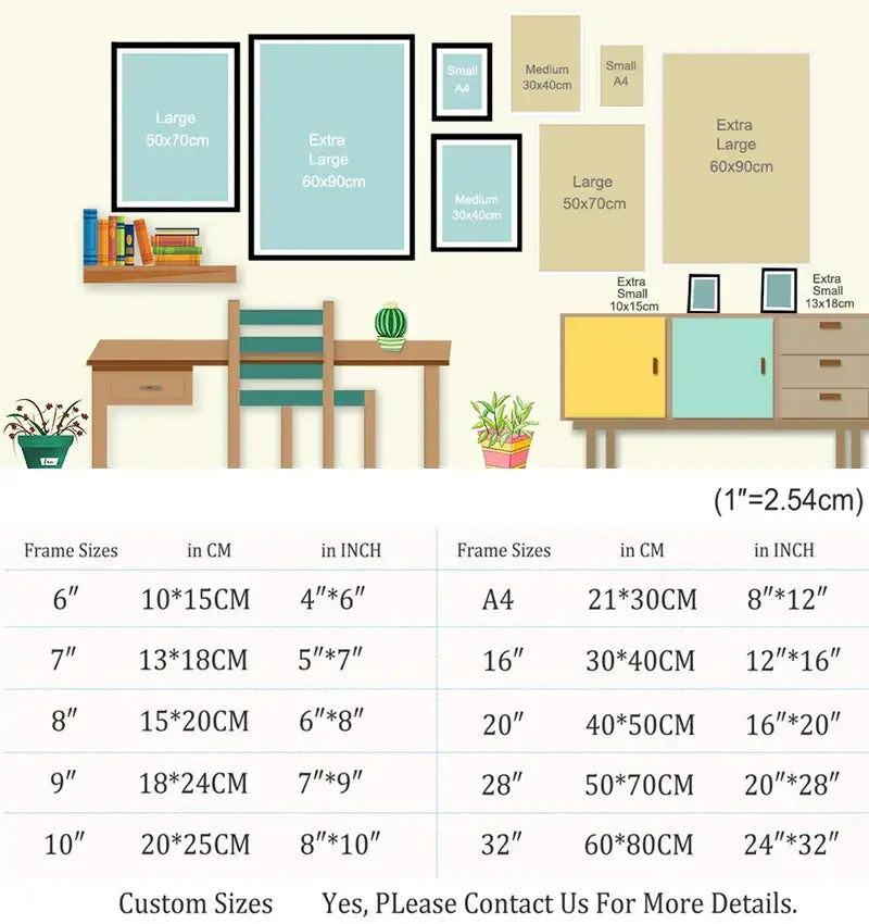 A chart showing frame size options in cm and inches for DecorBites™ blue flowers print living room decor