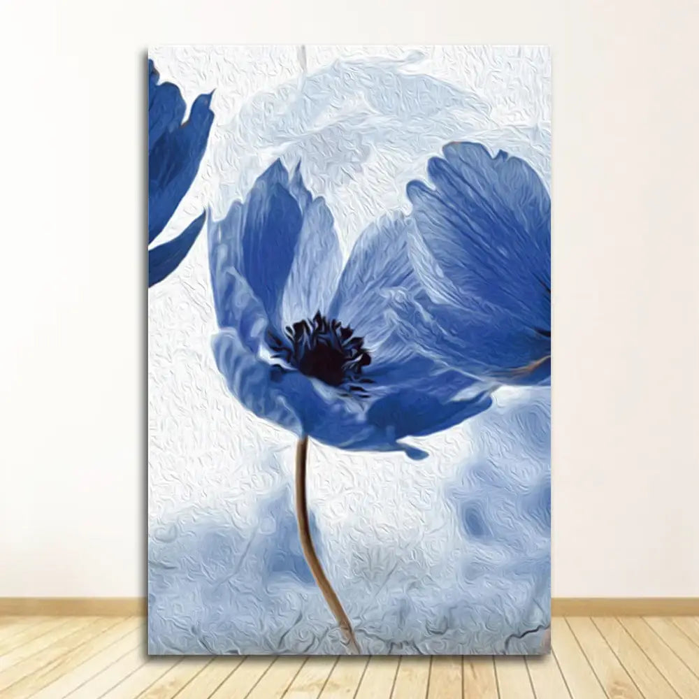 Blue flowers canvas art by decorbites with textured painterly finish and dark center for living room decor