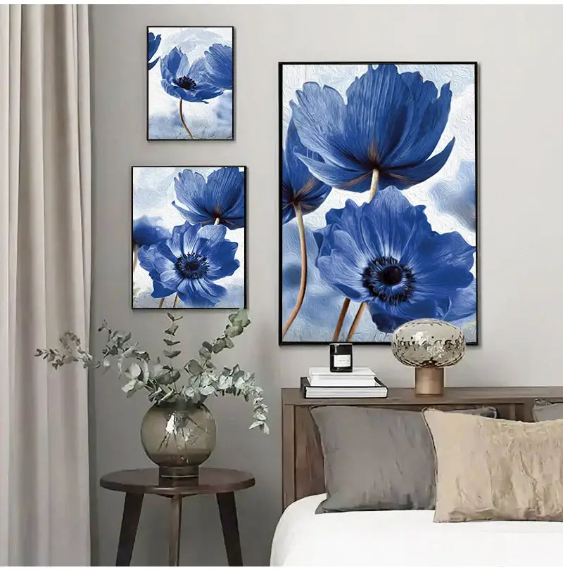 Decorbites™ blue flowers print featuring beautiful blue flowers in a modern living room gallery wall arrangement