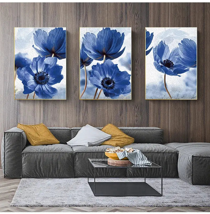 Set of three framed blue flowers wall art prints by DecorBites for living room featuring beautiful blue flowers design