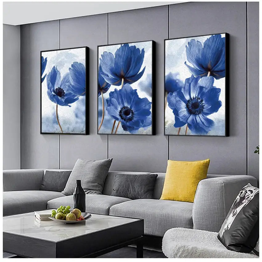 Set of three framed black frame blue flowers wall art prints featuring beautiful blue flowers for living room decor