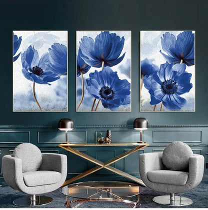 Three-panel canvas art featuring beautiful blue flowers by DecorBites for living room wall decor