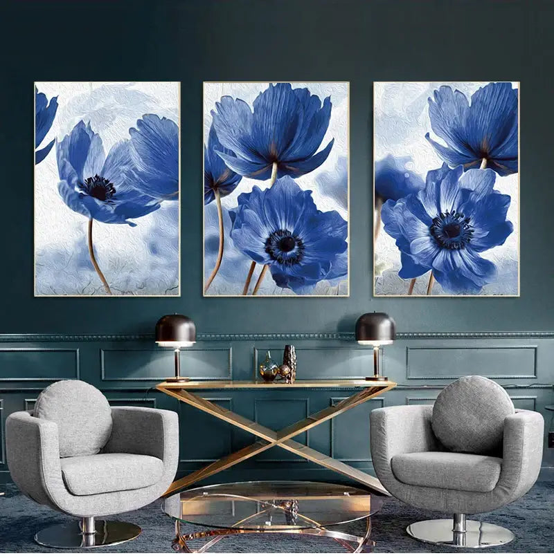 Three-panel canvas art featuring beautiful blue flowers by DecorBites for living room wall decor
