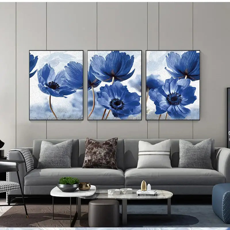 Three-panel set of framed blue flowers artwork featuring beautiful blue flowers for living room decor by decorbites