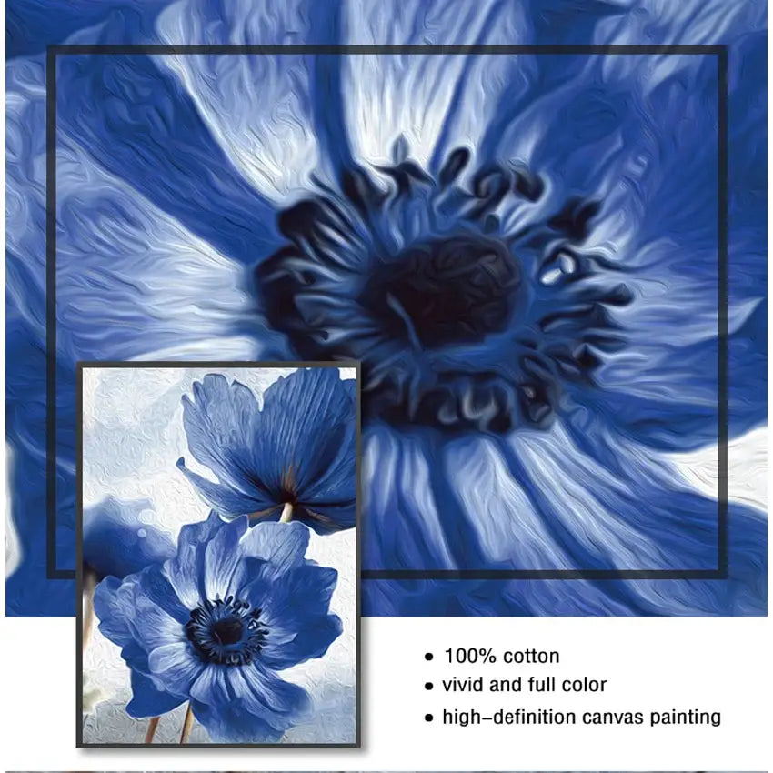 DecorBites™ blue flowers canvas painting features vibrant blue anemone on 100% cotton fabric for living room decor