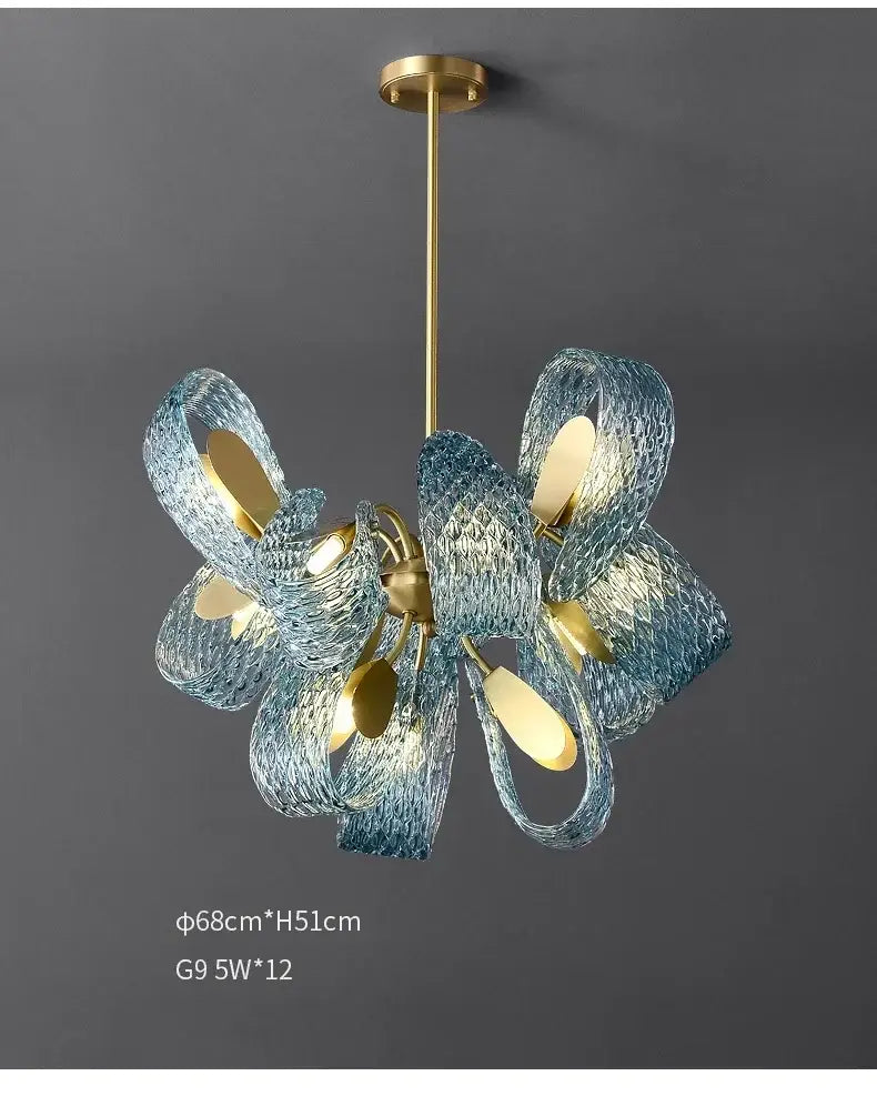 DecorBites™ blue glass led pendant lamps featuring textured blue glass and gold-toned metal accents with multiple bulbs