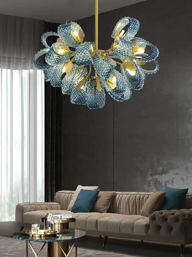 Decorbites™ blue glass led pendant lamps featuring a modern sculptural design with gold accents for elegant lighting